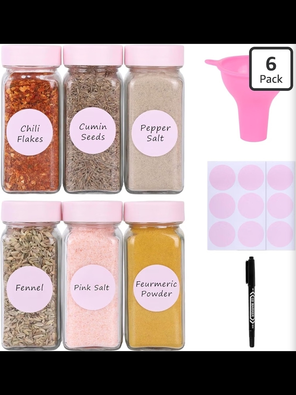 6 Pcs Pink Glass Spice Jar Containers W. Labels | 4oz | NEW IN BOX |